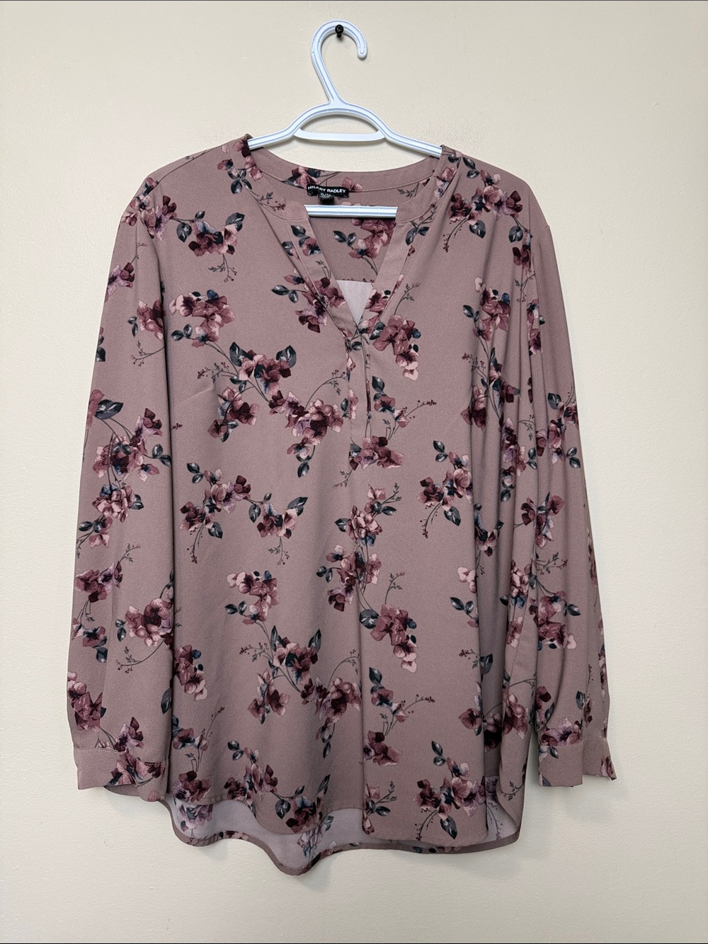 Hilary Radley Mauve Floral V-Neck Long Sleeve Blouse size XL